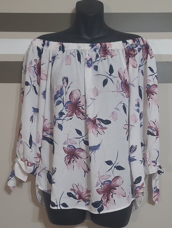 Eclipse Tops - NWOT Eclipse White/Pink/Blue Floral Off-Shoulder 3/4 Tie Sleeve Blouse Sz XL
